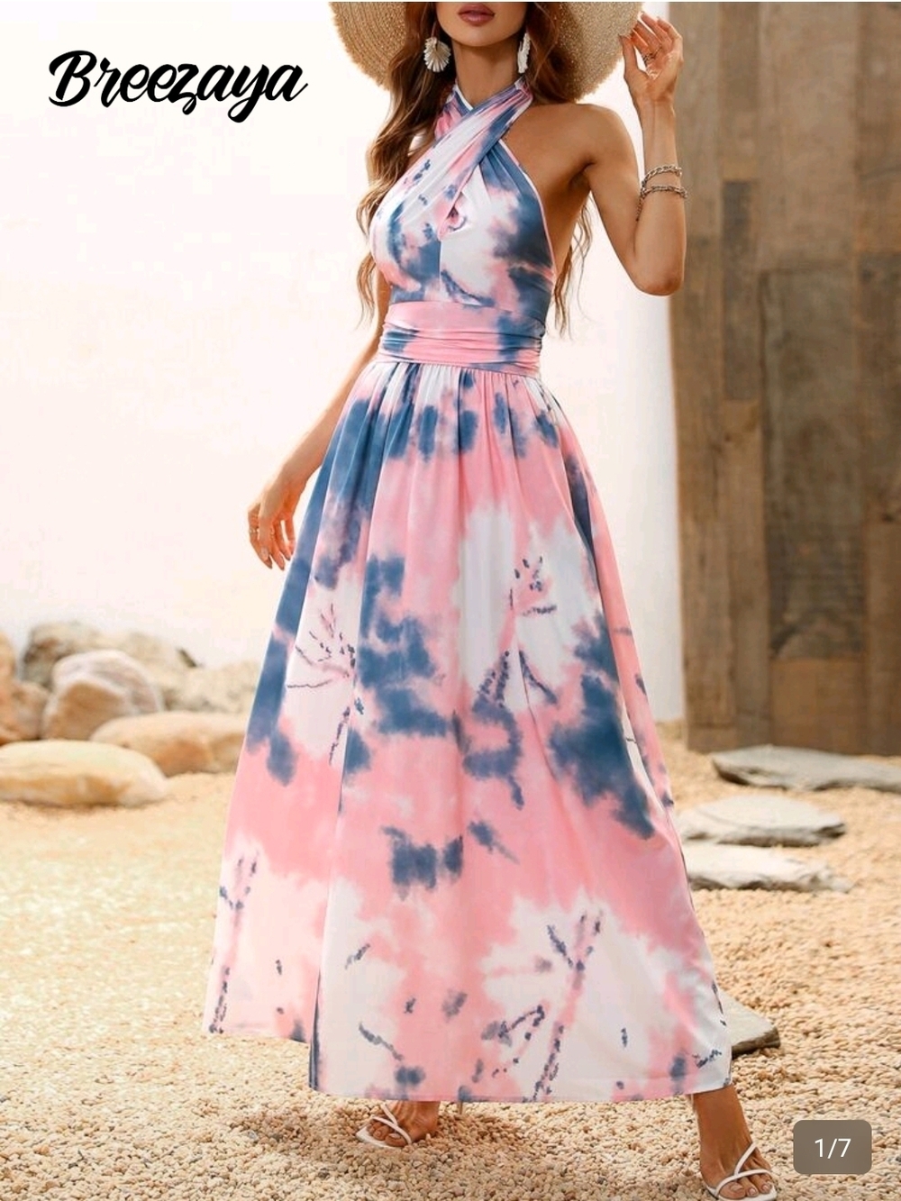 Pink & Blue Tie-Dye Halter Maxi Dress